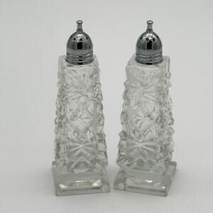 Vintage Pair Cut Glass Crystal Salt & Pepper Shakers Square Base Chrome Lids